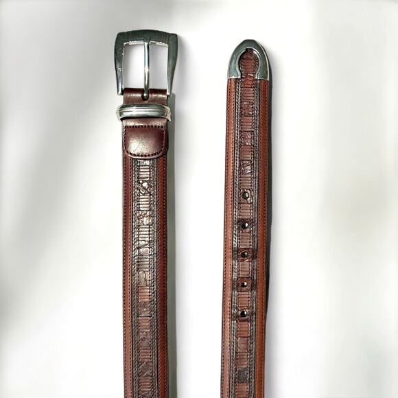 Mezlan Genuine Crocodile Belt Brown Men Silver Buckle Hardware 34” Spain Exotic - Picture 4 of 8